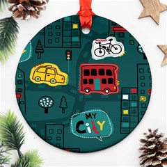 Seamless-pattern-hand-drawn-with-vehicles-buildings-road Round Ornament (two Sides)