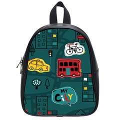 Seamless-pattern-hand-drawn-with-vehicles-buildings-road School Bag (small)