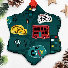 Seamless-pattern-hand-drawn-with-vehicles-buildings-road Ornament (snowflake)