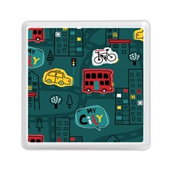 Seamless-pattern-hand-drawn-with-vehicles-buildings-road Memory Card Reader (square) by Salman4z