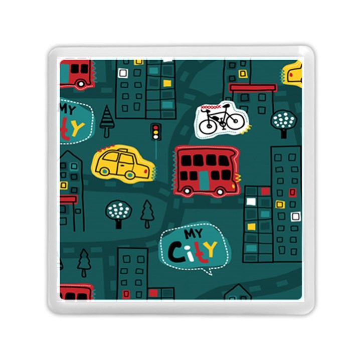 Seamless-pattern-hand-drawn-with-vehicles-buildings-road Memory Card Reader (Square)