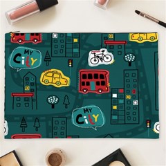 Seamless-pattern-hand-drawn-with-vehicles-buildings-road Cosmetic Bag (xxl) by Salman4z