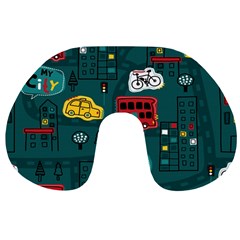 Seamless-pattern-hand-drawn-with-vehicles-buildings-road Travel Neck Pillow by Salman4z