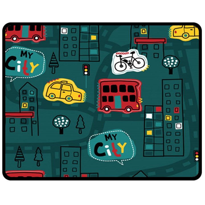 Seamless-pattern-hand-drawn-with-vehicles-buildings-road Two Sides Fleece Blanket (Medium)