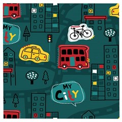 Seamless-pattern-hand-drawn-with-vehicles-buildings-road Wooden Puzzle Square by Salman4z