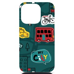 Seamless-pattern-hand-drawn-with-vehicles-buildings-road Iphone 14 Pro Black Uv Print Case