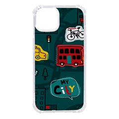 Seamless-pattern-hand-drawn-with-vehicles-buildings-road Iphone 14 Tpu Uv Print Case by Salman4z