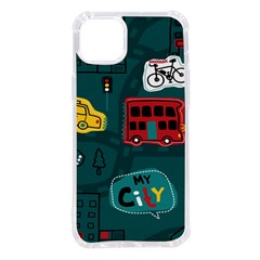 Seamless-pattern-hand-drawn-with-vehicles-buildings-road Iphone 14 Plus Tpu Uv Print Case by Salman4z