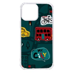 Seamless-pattern-hand-drawn-with-vehicles-buildings-road Iphone 13 Pro Max Tpu Uv Print Case by Salman4z