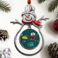 Seamless-pattern-hand-drawn-with-vehicles-buildings-road Metal Snowman Ornament