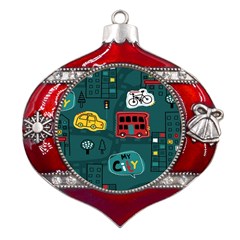 Seamless-pattern-hand-drawn-with-vehicles-buildings-road Metal Snowflake And Bell Red Ornament