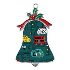 Seamless-pattern-hand-drawn-with-vehicles-buildings-road Metal Holly Leaf Bell Ornament