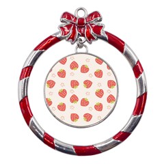 Strawberries-pattern-design Metal Red Ribbon Round Ornament by Salman4z