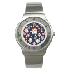 Owl-stars-pattern-background Stainless Steel Watch by Salman4z