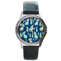 Cute Dinosaurs Animal Seamless Pattern Doodle Dino Winter Theme Round Metal Watch