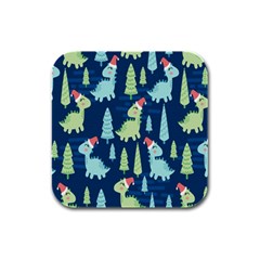 Cute Dinosaurs Animal Seamless Pattern Doodle Dino Winter Theme Rubber Square Coaster (4 pack)