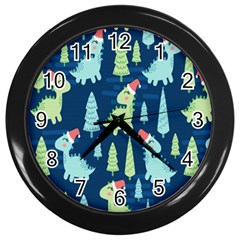 Cute Dinosaurs Animal Seamless Pattern Doodle Dino Winter Theme Wall Clock (Black)