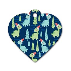 Cute Dinosaurs Animal Seamless Pattern Doodle Dino Winter Theme Dog Tag Heart (Two Sides)