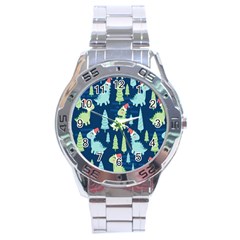 Cute Dinosaurs Animal Seamless Pattern Doodle Dino Winter Theme Stainless Steel Analogue Watch