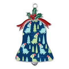 Cute Dinosaurs Animal Seamless Pattern Doodle Dino Winter Theme Metal Holly Leaf Bell Ornament