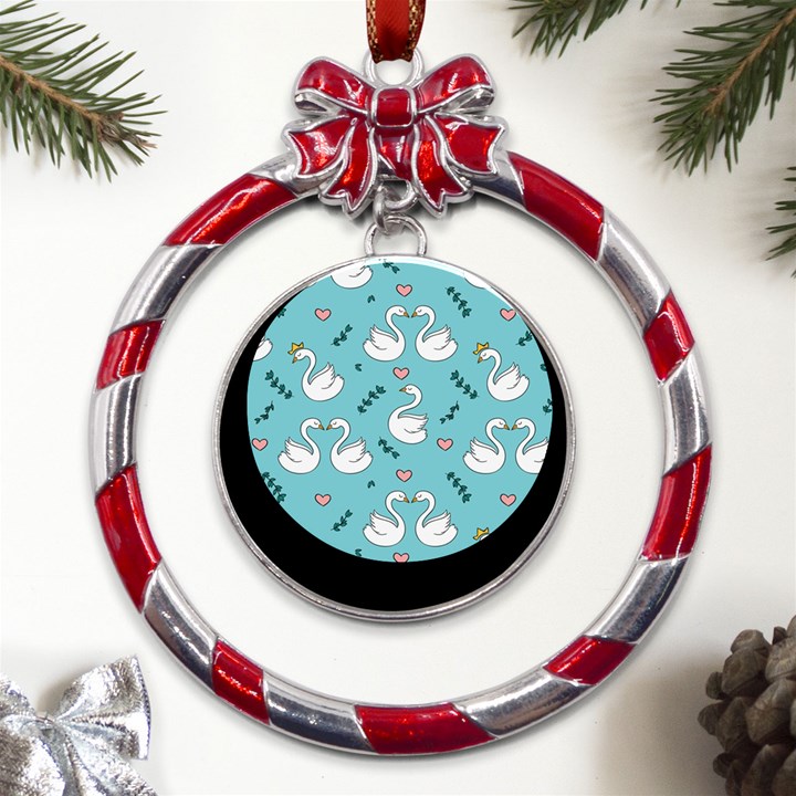 Elegant Swan Pattern Design Metal Red Ribbon Round Ornament