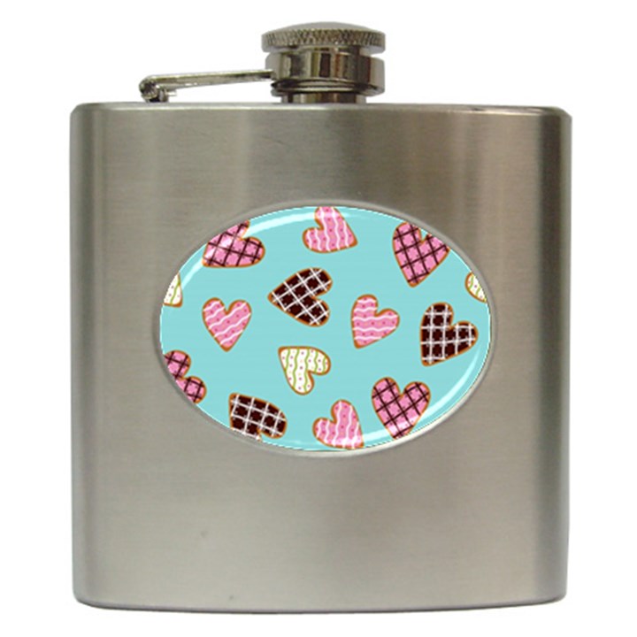 Seamless Pattern With Heart Shaped Cookies With Sugar Icing Hip Flask (6 oz)