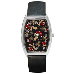 Christmas Pattern With Snowflakes Berries Barrel Style Metal Watch by pakminggu