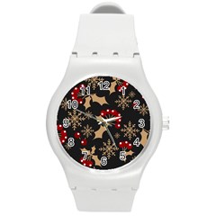 Christmas Pattern With Snowflakes Berries Round Plastic Sport Watch (m) by pakminggu