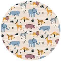 Wild Animals Seamless Pattern Wooden Puzzle Round