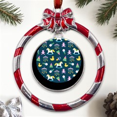 Cute Babies Toys Seamless Pattern Metal Red Ribbon Round Ornament