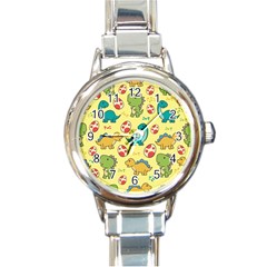 Seamless Pattern With Cute Dinosaurs Character Round Italian Charm Watch by pakminggu