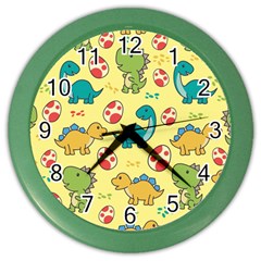 Seamless Pattern With Cute Dinosaurs Character Color Wall Clock by pakminggu