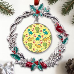 Seamless Pattern With Cute Dinosaurs Character Metal X mas Wreath Holly Leaf Ornament by pakminggu