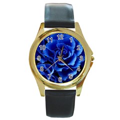 Blue Roses Flowers Plant Romance Blossom Bloom Nature Flora Petals Round Gold Metal Watch by pakminggu