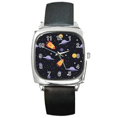 Cosmos Rockets Spaceships Ufos Square Metal Watch by pakminggu