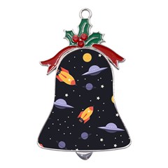 Cosmos Rockets Spaceships Ufos Metal Holly Leaf Bell Ornament by pakminggu