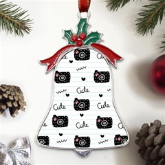 Cute Cameras Doodles Hand Drawn Metal Holly Leaf Bell Ornament by pakminggu