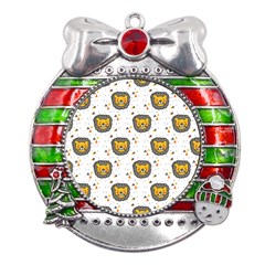 Lion Heads Pattern Design Doodle Metal X mas Ribbon With Red Crystal Round Ornament