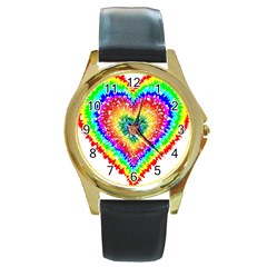 Tie Dye Heart Colorful Prismatic Round Gold Metal Watch by pakminggu