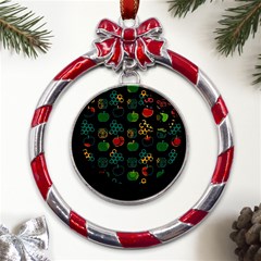 Apples Honey Honeycombs Pattern Metal Red Ribbon Round Ornament by pakminggu