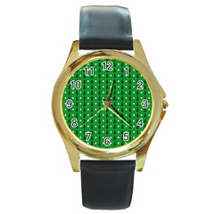 Green Christmas Tree Pattern Background Round Gold Metal Watch by pakminggu