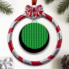 Green Christmas Tree Pattern Background Metal Red Ribbon Round Ornament by pakminggu