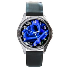 Blue Rose Roses Bloom Blossom Round Metal Watch by pakminggu