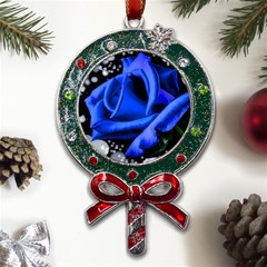 Blue Rose Roses Bloom Blossom Metal X mas Lollipop With Crystal Ornament