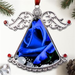 Blue Rose Roses Bloom Blossom Metal Angel With Crystal Ornament