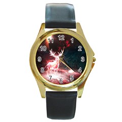 Deer Animal Moon Planet Space Fantasy Round Gold Metal Watch