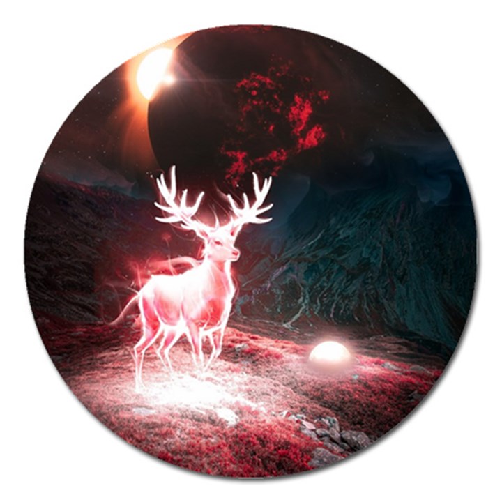 Deer Animal Moon Planet Space Fantasy Magnet 5  (Round)