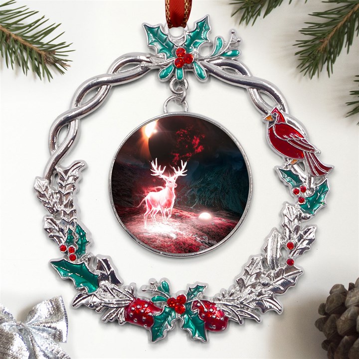 Deer Animal Moon Planet Space Fantasy Metal X mas Wreath Holly leaf Ornament