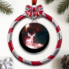 Deer Animal Moon Planet Space Fantasy Metal Red Ribbon Round Ornament by pakminggu