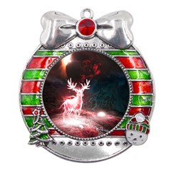 Deer Animal Moon Planet Space Fantasy Metal X mas Ribbon With Red Crystal Round Ornament by pakminggu